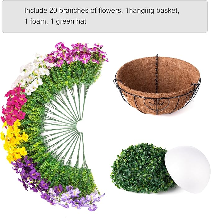 INSPRING Artificial Outdoor Flowers Hanging Baskets Faux Plants Spring Decoration, UV Resistant Fake Silk Morning Glory in Planter Look Real Petunias for Outside Patio Porch Balcony Garden Home, 6Mix