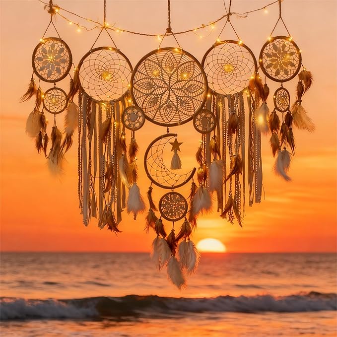 Dream Catcher Wall Decor,Large Boho Dream Catcher with Luxurious Feathers & Beads, Handmade Wall Hanging for Bedroom,Living Room, Gift Ready for Girls & Adults (Camel)