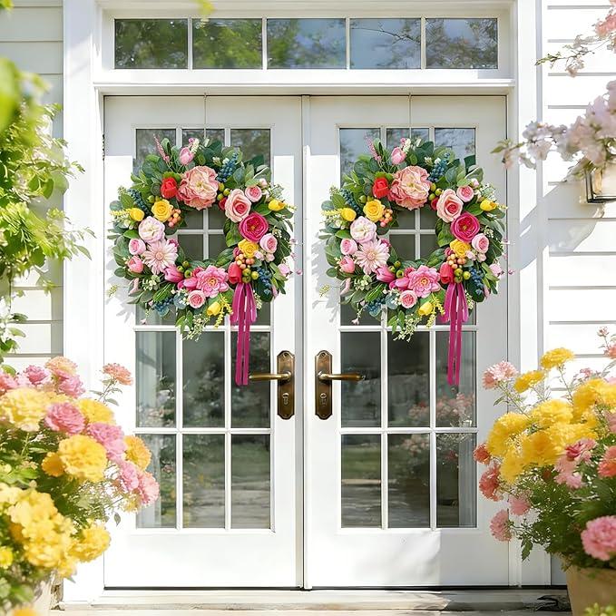 24 Inch Summer Wreaths for Front Door, Handcrafted Summer Wreath with Luxury Dahlias, Peony, Tulips & Roses, Summer Door Wreath for Holiday Farmhouse Indoor Outdoor Wall Home Decor