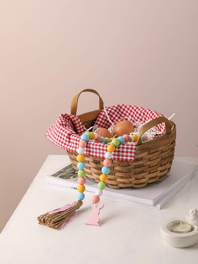 Easter Spring Wood Beaded Garland with Tassels and Bunny Tag Farmhouse Wooden Beads for Tiered Tray Decorations Holiday Country Rustic Prayer Boho Beads Rae Dunn Shelf Décor (Easter Bunny Pink)
