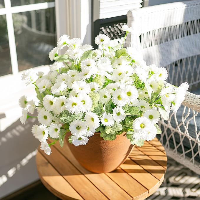 HyeFlora Dahlia Artificial Flowers for Outdoors Spring Summer Decor, 6 Bundles Fake Daisy White Faux Flowers Plants Realistic UV Resistant Silk Flowers for Outside Planter Front Door Yard Garden Home