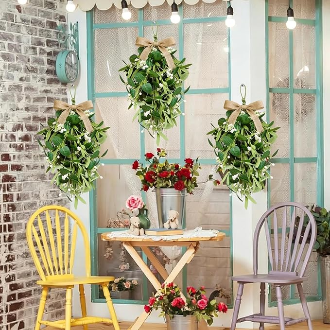 2 PCS 24'' Eucalyptus Teardrop Swag Wreaths Spring Summer Greenery Teardrop Swags for Front Door Artificial Farmhouse Green Hanging Swags with Berry Ribbon for Wedding Porch Wall Window Cabinet Decor