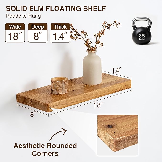 Dreamland Solid Elm Wood Floating Shelves, 18" W x 8" D Floating Shelf Wall Mounted, 8 Inch Deep Wall Shelves - Wooden Bathroom Shelf, Deep Bookshelf for Living Room, Kitchen Wall Shelf, Set of 2