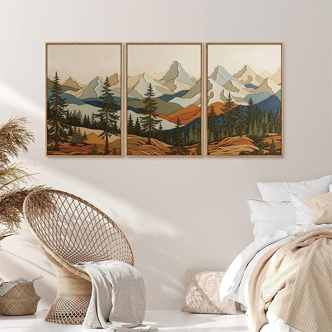 SIGNINART Vintage Mountains Framed Canvas Wall Art, Wooden Forest Wall Decor, Green Wood Pine Trees Wilderness Artwork, Natural Ridge Landscape Art Paintings for Living Room Bedroom Office 16"x24"x3