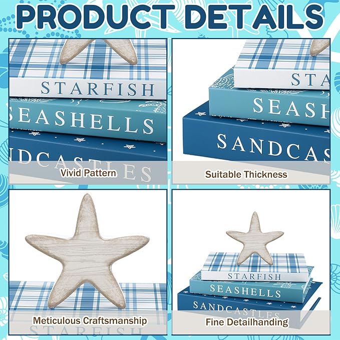 Thyle Summer Fake Decorative Books Set Wooden Starfish Table Signs Beach House Decor Faux Ocean Decoration Books for Farmhouse Coastal Summer Living Room Bedroom Office Bookshelf Decor