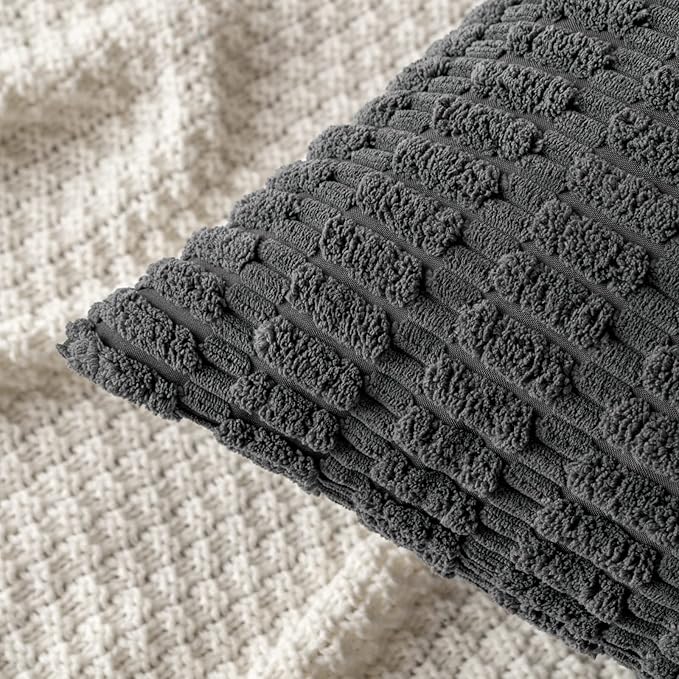 MIULEE Pack of 2 Corduroy Decorative Throw Pillow Covers 24x24 Inch Soft Boho Striped Pillow Covers Modern Farmhouse Home Decor for Sofa Living Room Couch Bed Dark Grey