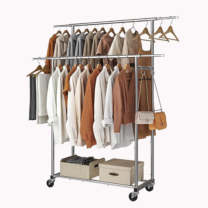 Simple Trending Double Rod Clothing Garment Rack, Rolling Clothes Organizer on Wheels for Hanging Clothes,with 4 hooks, Chrome