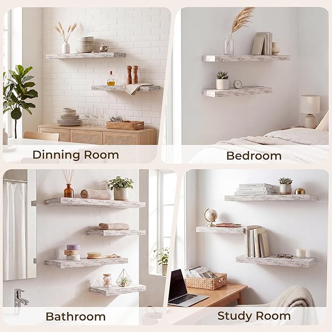 RICHFOCUS 28Inch Floating Shelves for Wall 2 Pack Shelves for Bedroom|Kitchen|Bathroom|Laundry Room Rustic Wood Wall Mounted Shelf with Invisible Brackets for Books|Storage|Decor, Rustic White
