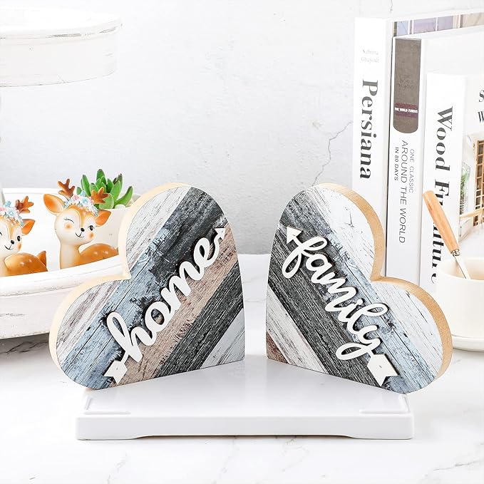 Jetec 2 Pcs Rustic Decorations for Living Room Home Shelf Mantel Entryway Table, Farmhouse Knick Knacks Christian Table Centerpiece Wooden Heart Decor for Dining Room Housewarming Gift(Simple Style)