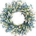 26 Inch Summer Spring Blue Ivory Lavender Flower Wreath for Front Door, Rustic and Farmhouse Wild Flowers Wreath for Inside and Outside, Coastal Blue Home Decorating