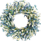 26 Inch Summer Spring Blue Ivory Lavender Flower Wreath for Front Door, Rustic and Farmhouse Wild Flowers Wreath for Inside and Outside, Coastal Blue Home Decorating