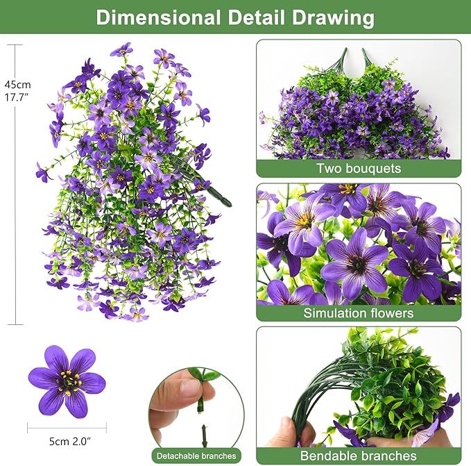 INQCMY Artificial Flowers for Outdoor Faux Hanging Plants Spring Outside Decoration,2Bundles Fake Silk Flowers Realistic Outdoor Flowers No Fade UV Resistant Porch Patio Window Yard Balcony Decor