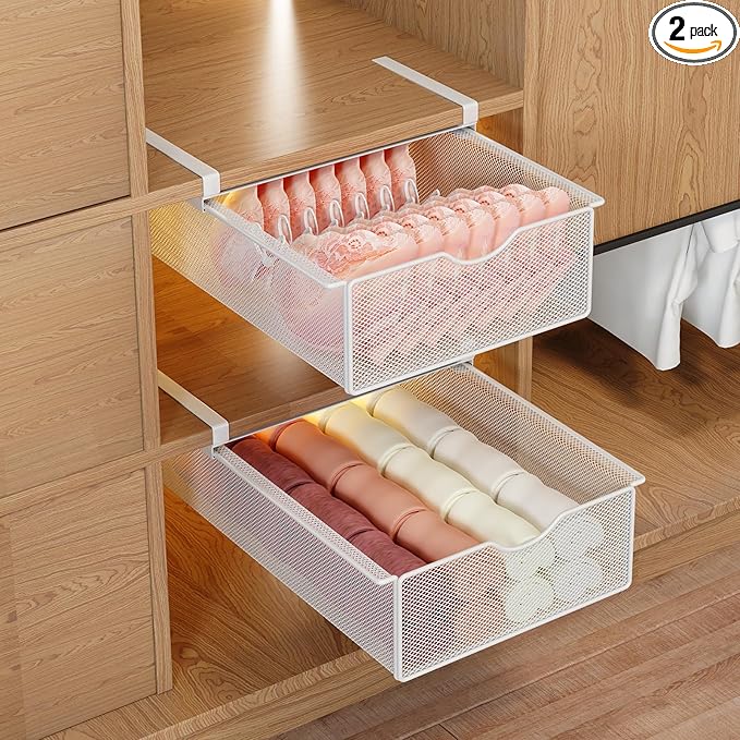 2 Pack Closet Pull-Out Baskets Bra Underwear and Sock Organizer for Drawer Women College Dorm Room Essentials (White)