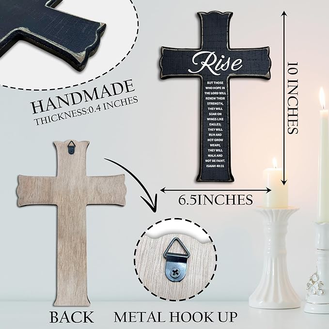 dsjaidh Cross Wall Decor - Black Scripture Wooden Cross For Wall - Gothic Wooden Hanging Signs Christian Easter Decor for Home Office Church Baptism - Christian Gifts for Men Women (Rise) - A06
