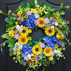 Pinkpuii Spring Wreaths for Front Door Outside- 24 Inch Spring Summer Wreath with Sunflowers,Lifelike Blue Hydrangea Flower Wreath for Indoor Outdoor Mantel,Window,Wall,Home Firplace Hanging Decor
