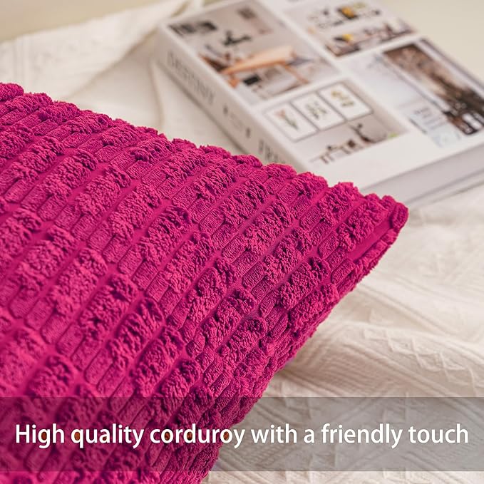 Aegero Pack of 2 Corduroy Decorative Throw Pillow Covers 20x20 Inch Soft Striped Pillow Covers Modern Farmhouse Home Decor for Sofa Living Room Couch Bed（Rose Red）