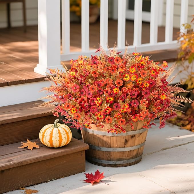 12 Bundles Fake Mums Fall Flowers Artificial for Outdoors Decoration Artificial Mums Faux Plants Daisy for Outdoor Outside Planters UV Resistant Violets for Fall Decor Home Porch Door Front Patio Yard