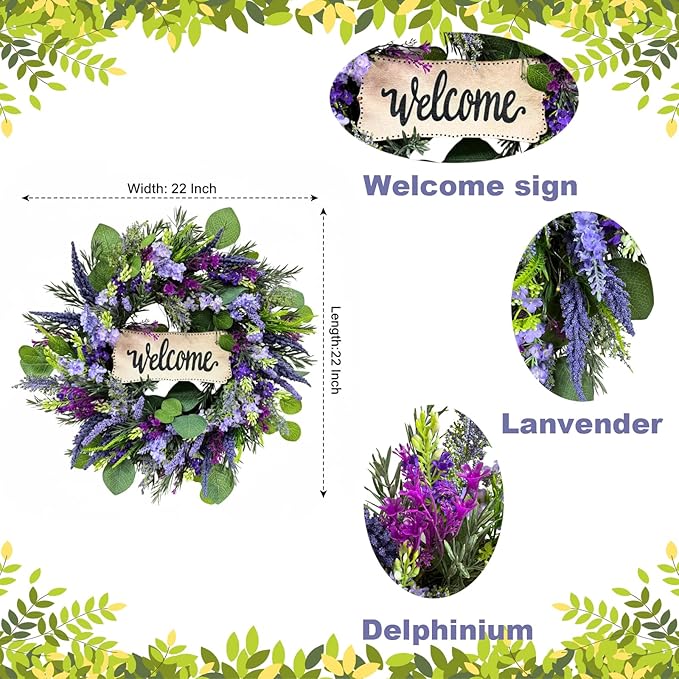 22 Inch Welcome Wreath for Front Door, Artificial Lavender and Eucalyptus Wreath for Spring Summer, Farmhouse Porch Decor Purple Floral Front Door Decoration for Wall Door Farmhouse
