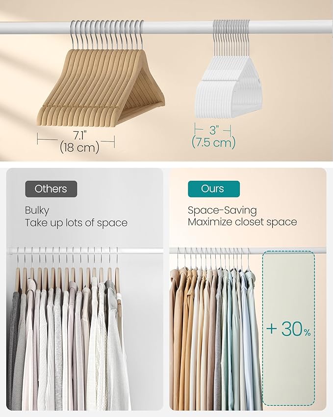 SONGMICS Clothes Hangers 50 Pack, Heavy-Duty Plastic Hangers, Coat Hangers with Wide Shoulder Notches, Pant Bar, 360° Swivel Hook, Space-Saving, 16.4 Inches, for Closet, Cloud White UCRP060W01