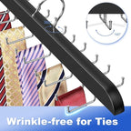 Upgraded Tie Rack Hanger with 20 Foldable Metal Hooks, Space Saving Necktie Organizer for Men – Large Capacity Tie and Belt Wooden Hanger for Closet - Black 2 Pack
