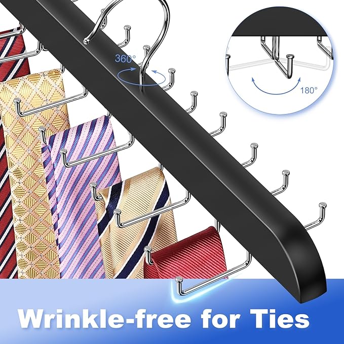 Upgraded Tie Rack Hanger with 20 Foldable Metal Hooks, Space Saving Necktie Organizer for Men – Large Capacity Tie and Belt Wooden Hanger for Closet - Black 2 Pack