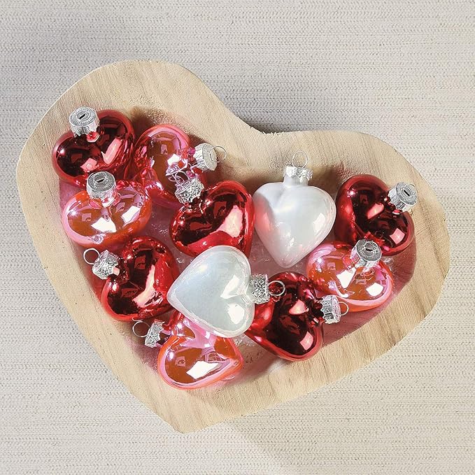 Lillian Vernon Shiny Glass Hearts Valentines Ornaments - 12 Piece Set, Blown Glass, Handcrafted Hanging Tree Decorations, Valentine's Day Holiday & Party Decor, 2" Tall Heart, Red, White & Pink