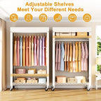 P6C Rolling Clothes Rack with Cover, Covered Clothing Racks Heavy Duty, Portable Closet for Hanging Clothes, Garment Racks on Wheels, White Closet Rack with White Cover, Max Load 365LBS