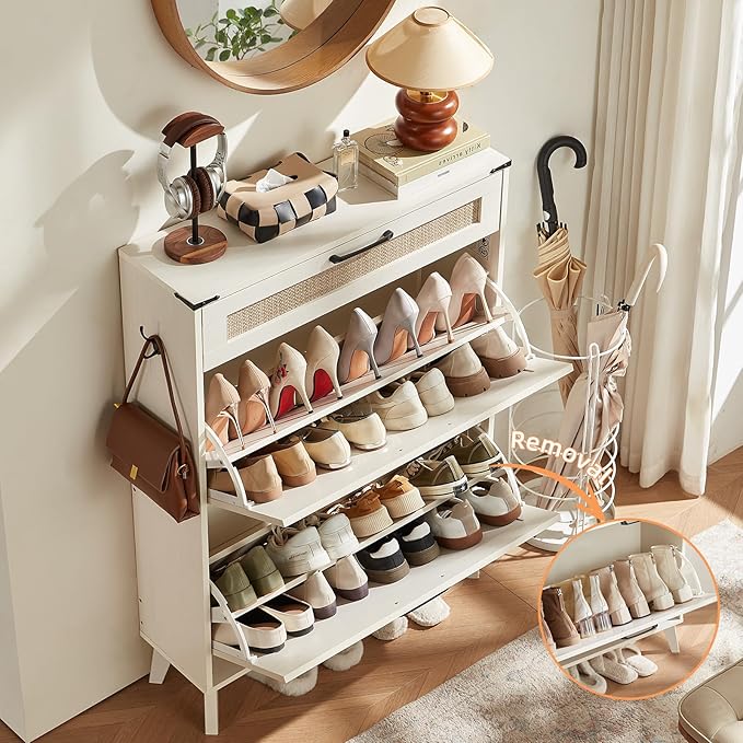 LEYAOYAO Shoe Storage Cabinet for Entryway with 2 Rattan Flip Drawers, Boho Narrow Shoe Cabinets for 16-20 Pairs Shoes with Large Drawers, Hidden Slim Shoe Rack with Wood Legs for Hallway, Off White