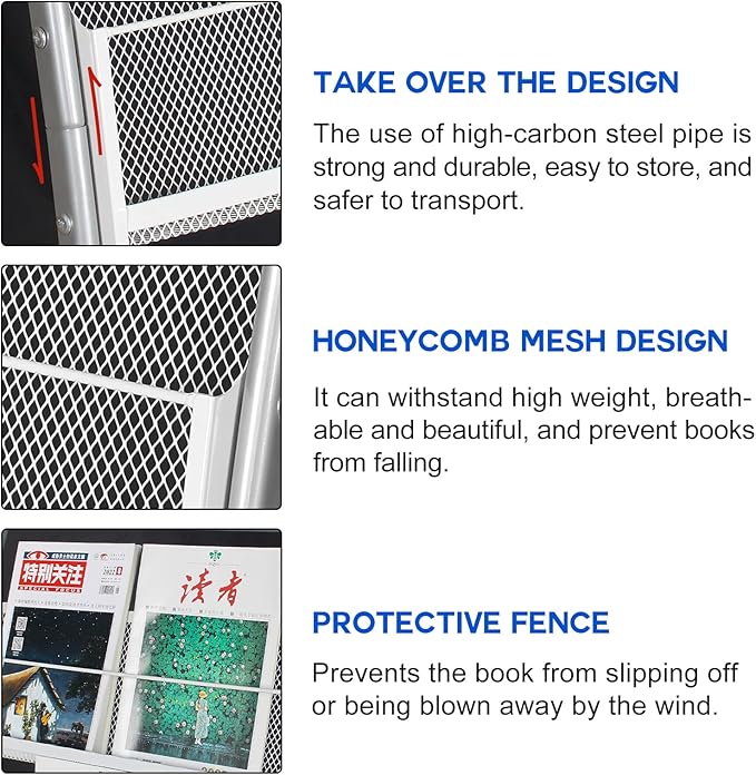 LIWSHWZ Magazine Rack Floor Standing,Brochure Display Stand, 4 Pockets Metal Literature Stand,Newspaper Rack with Wheels for Trade Show Exhibitions Office Retail Store