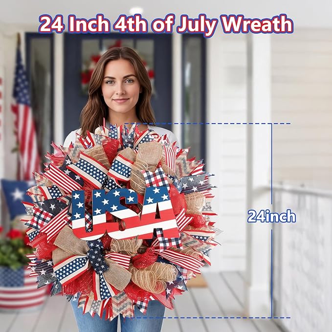 Patriotic Wreath for Front Door, 24 inch 4th of July Decorations with Red White Blue USA Tags for 250th Anniversary American Independence Day Memorial Day Decor