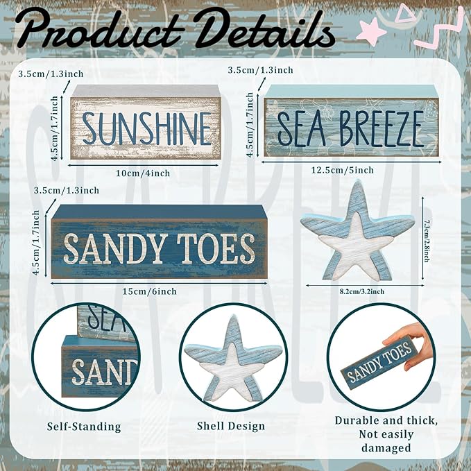 Lineshading 4 Pcs Summer Table Decoration Coastal Wooden Stacked Block Decor, Sunshine Sea Breeze Sandy Toes Signs with Starfish, Rustic White and Blue Beach Tiered Tray Decor for Home Entryway