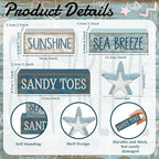 Lineshading 4 Pcs Summer Table Decoration Coastal Wooden Stacked Block Decor, Sunshine Sea Breeze Sandy Toes Signs with Starfish, Rustic White and Blue Beach Tiered Tray Decor for Home Entryway