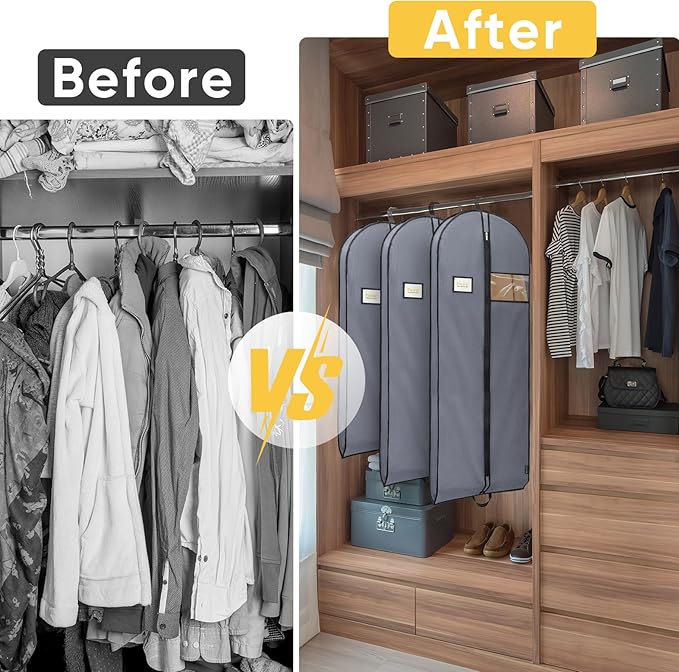 BALEINE 5PK Heavy Duty Garment Bag with Shoe Storage Travel Bag for Dresses, Suit, Coats Travel Essential (54", Grey)