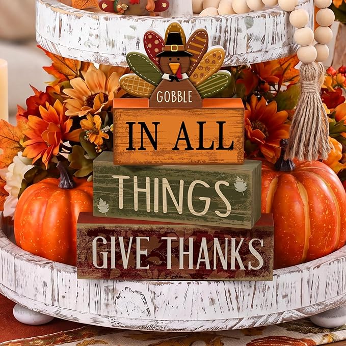 Moucuny 4 Pcs Fall Decorations for Home Wooden Turkey Decor Thanksgiving Tiered Tray Decor Thanksgiving Table Centerpiece Rustic Wooden Gobble Turkey Block Sign for Autumn Harvest Party Kitchen Shelf