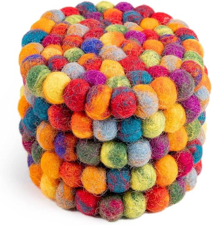 Round Felt Ball Coasters - Wool Table Coasters - Felt Coaster Pads, Absorbent Trivet for Drinks - Heat Resistant, Thick & Durable Hand Felted in Nepal by Woolygon- Multi-Color - Set of 5