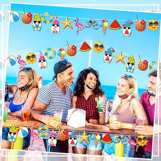Geelin 36 Pcs Summer Wood Hanging Ornaments for Tree Mini Tree Decorations Hawaiian Beach Wooden Pendant Decorations with String for Luau Party Supplies(Gnome)