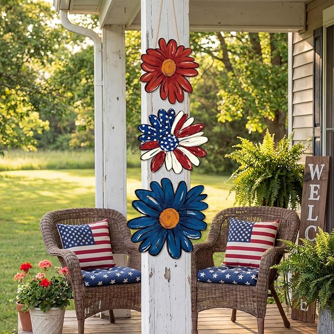 Lineshading 4th of July Decorations Patriotic Decorations Daisy Patriotic Hanging Wreath for 250th Anniversary Wooden Vintage American Hanging Wreaths Door Decor for Memorial Day Porch Wall Decor