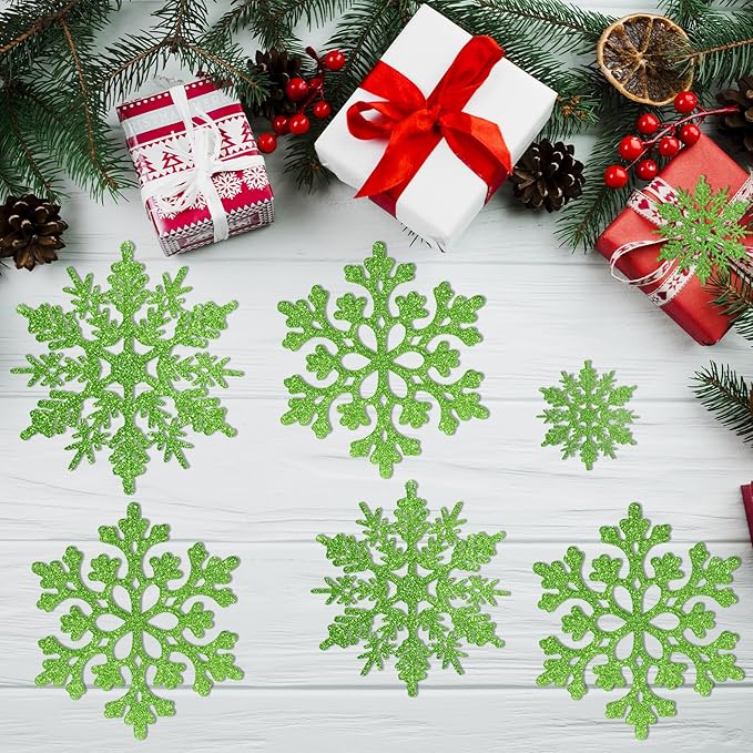 36pcs Christmas Lime Green Snowflake Ornaments，Plastic Lime Green Snow Flakes Hanging Ornaments for Christmas Tree Decor Winter Wonderland Frozen Birthday Party Holiday Home Decor Craft Snowflake