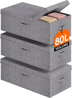 Lifewit 80L Under Bed Storage Containers, 9.8 Inch Tall Underbed Clothes Storage Organizer Bin with Sturdy Sidewalls, Bottom, 3 Lids, Deep Storage Drawer for Clothes, Shoes, Blankets, Pillows 3 Pack