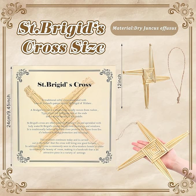 Bucherry St. Brigid's Wall Cross Decor Irish Gift Cross with History Card for Irish Blessing Gift for Celtic Imbolc Decor(Classic Style,12 in,Straw Color)