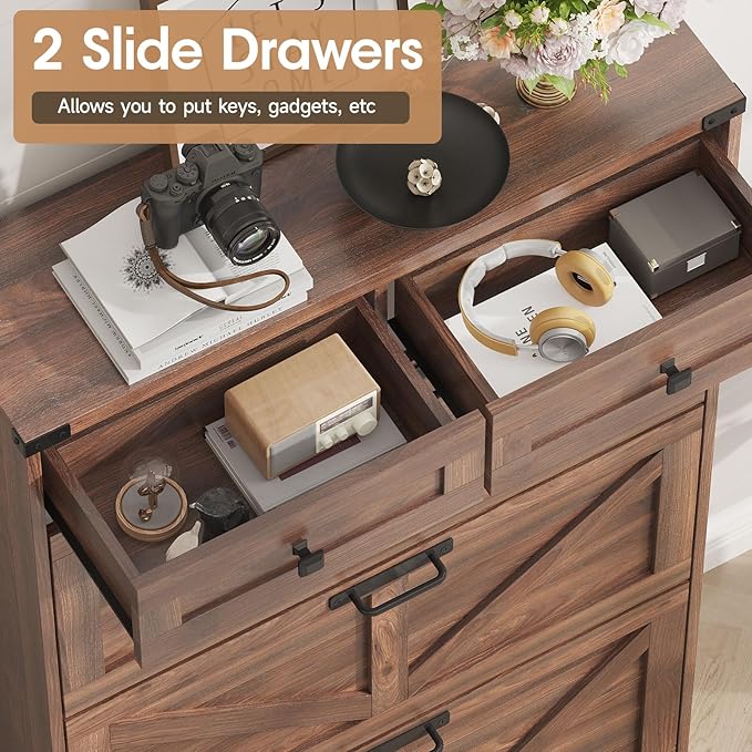 Shoe Cabinet with 3 Flip Drawers & 2 Drawers,Freestanding Shoe Storage Cabinet for Entryway,Farmhouse Narrow Slim Organizer Rack for Foyer,Hallway,Dark Walnut