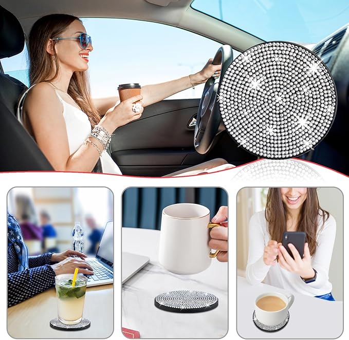 COCASES 4 Pack Bling Car Coasters, Car Cup Holder Coaster, Rhinestone Coaster for Cup Holders, Silicone Car Coasters for Women Car Interior Accessories (2.75'' White Crystal Circle)