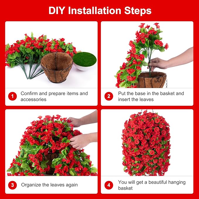 Artificial Faux Hanging Flowers Basket for Spring Summer Outdoor Outside Porch Decoration, Fake Silk Colorful Morning Glory Eucalyptus UV Resistant Look Real for Home Patio Balcony Yard(Red)