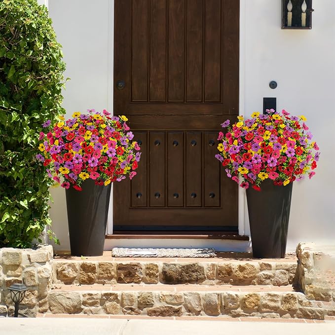 Artificial Flowers for Outdoors, 16 PCS UV Resistant Faux Plants with Fabric Flowers, Colorful Realistic Fake Flowers for Front Porch Garden Patio Balcony Planter Spring Summer Outside Decor