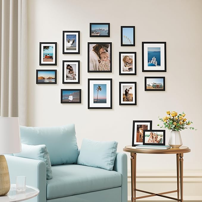 Vittanly 15 Pack Picture Frames Collage Wall Decor for Mounting or Tabletop Display, Gallery Frame Set for Family, Multi Sizes Including 3pcs 8x10, 6pcs 5x7, 6pcs 4x6, Black