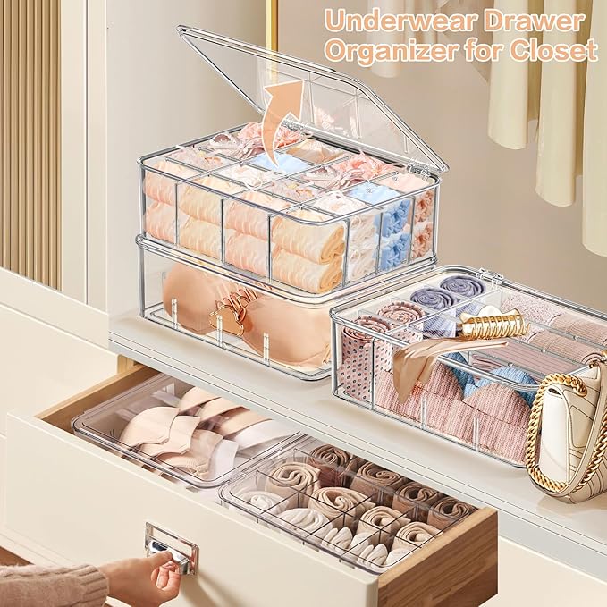 2pcs Sock Underwear Organizer, Sunoyar 16 Compartment Adjustable Dividers Tie Bras Socks Underwear Drawer Organizers for Closet, Clear Plastic Storage Containers Box with Lids for Ties Bra Scarf Socks