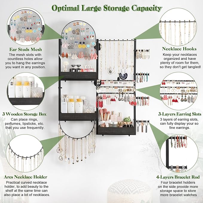 Keebofly Wall Mount Hanging Jewelry Organizer - Large Display Holder for Earrings, Rings, Necklaces, Bracelets, Watches and Perfume - Black