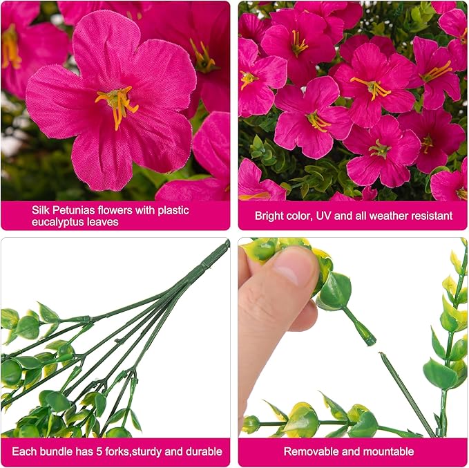 INSPRING Artificial Fake Hanging Flowers Baskets for Outdoors Spring Plants, UV Resistant Outdoor Faux Silk Petunias in Planter Look Real Morning Glory for Outside Patio Porch Balcony Garden, Fuchsia