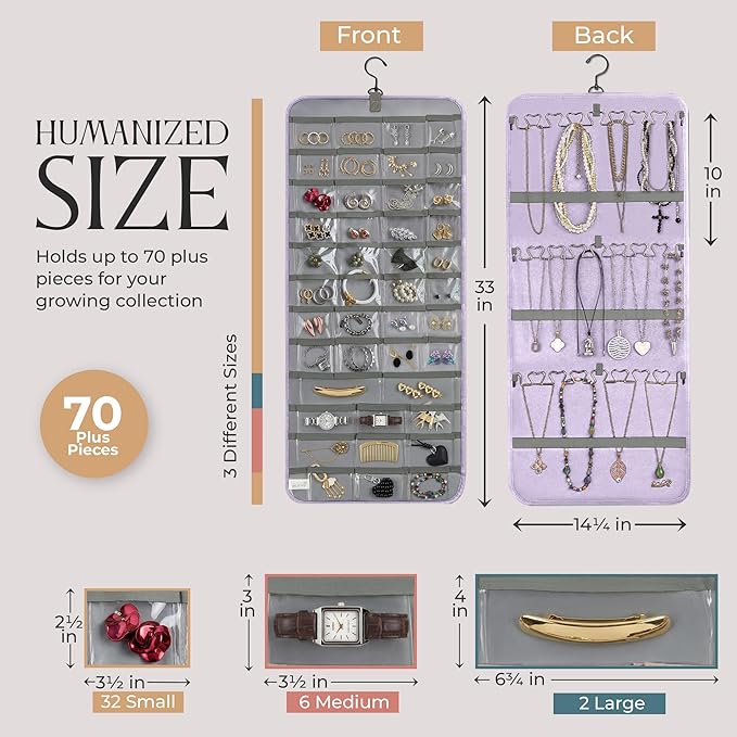 Hanging Jewelry Organizer Storage with Hanger Metal Hooks Double-Sided Jewelry Holder- Wall Mount Holder for Earrings, Necklaces, Rings on Closet, Wall, Door, 1 piece, Large, Pink