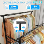 Heavy Duty Clothes Rack, Rolling Clothing Rack With Shelves Load 450 LBS, Double Rod Clothing Racks with Wheels for Hanging Clothes, Black